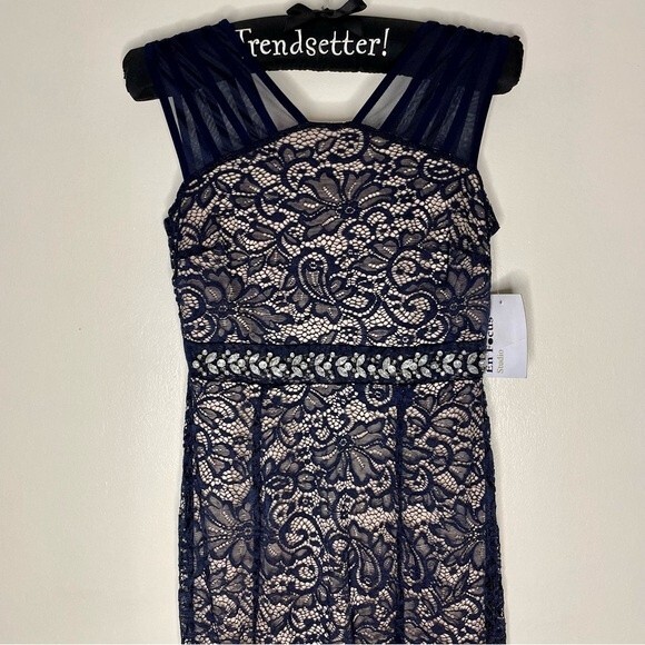 En Focus Dress Lace Overlay Rhinestone Long Gown Prom Formal New Navy Blue 4 - Picture 3 of 13